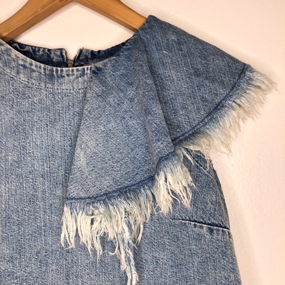 Zara cropped Chambray Denim Ruffle Top S Raw - Picture 6 of 8